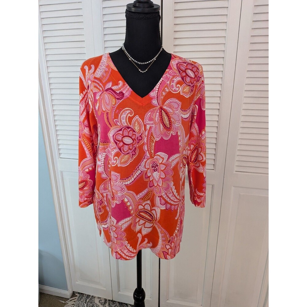 Talbots Sweater Women S V-Neck Pink Orange Paisley Granny Core 90s Vibrant Vacay